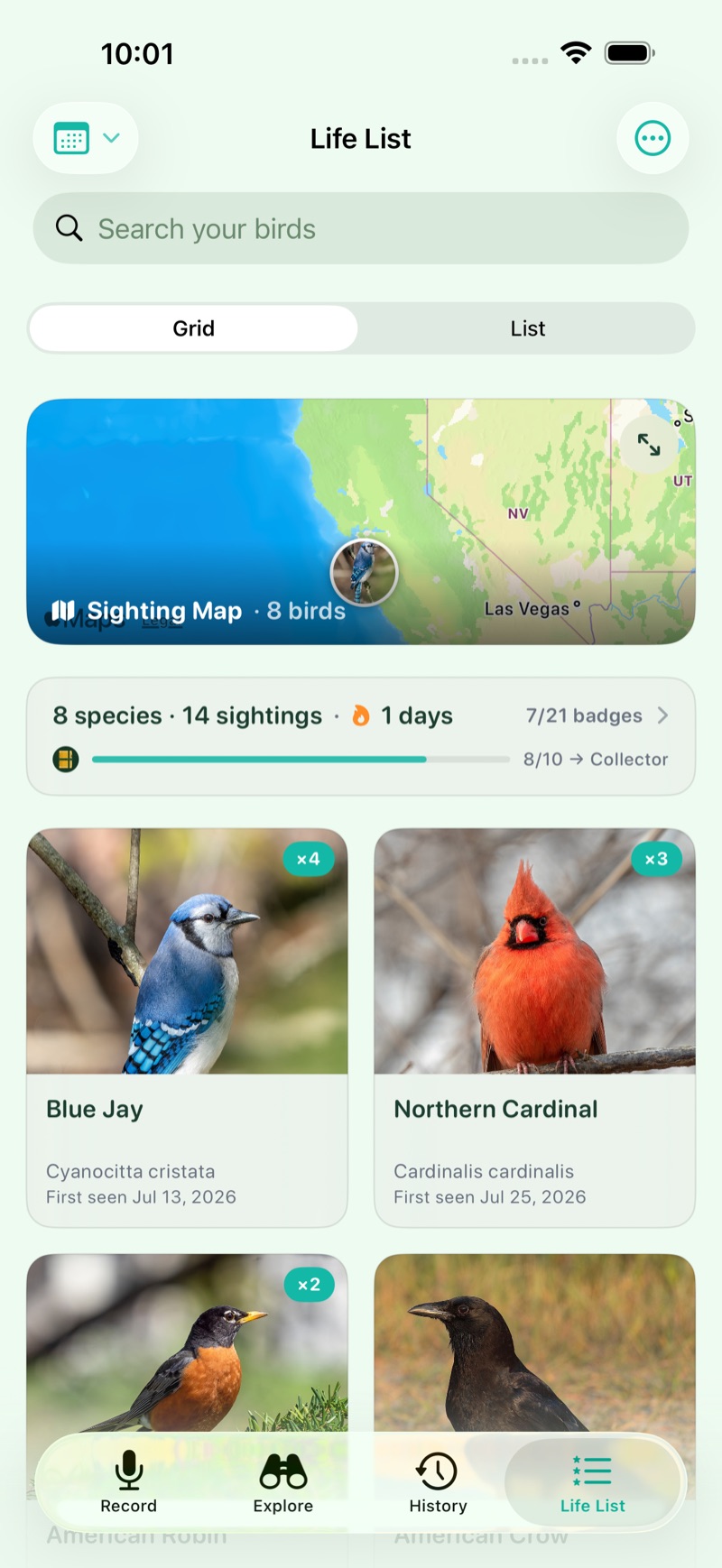 BirdScout life list showing the sighting map, species stats, and badge progress